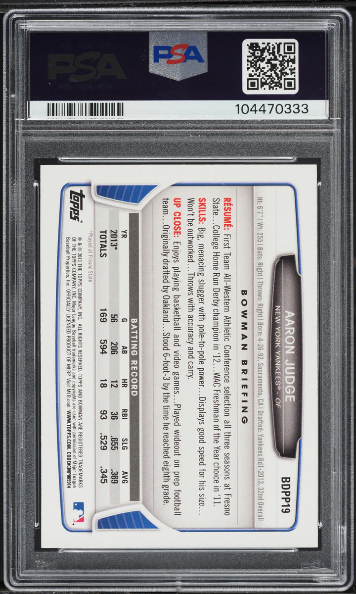 2013 Bowman Draft Picks Aaron Judge PROSPECT #BDPP19 PSA 10 GEM MINT