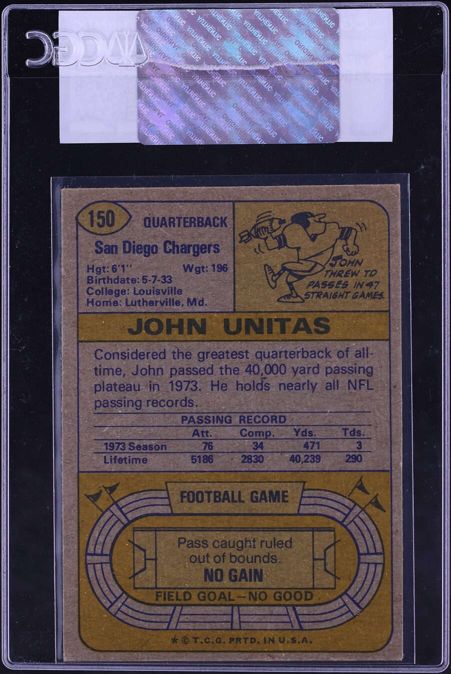 1974 Topps Football Johnny Unitas #150 CGC AUTH