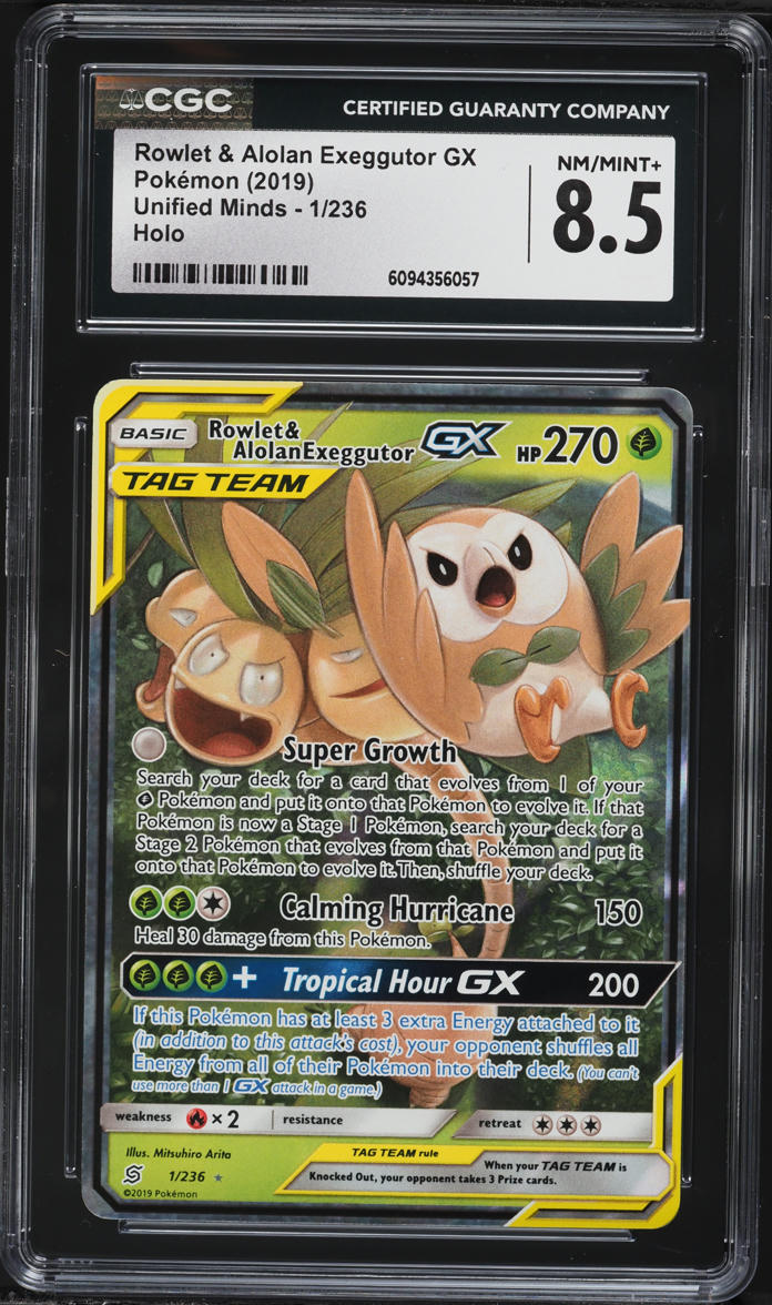 2019 Pokemon Sun & Moon Unified Minds Holo Rowlet & Alolan Exeggutor GX #1 CGC 8.5 NM-MT+