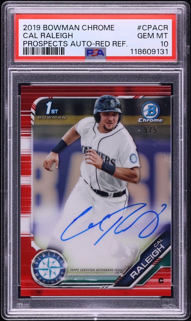 2019 Bowman Chrome Red Refractor Cal Raleigh PROSPECT AUTO 5/5 PSA 10 GEM MINT