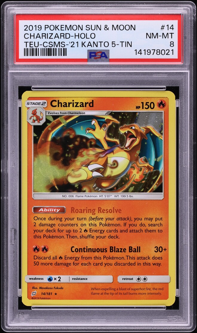 2019 Pokemon Sun & Moon Team Up '21 Kanto Tin Cosmos Holo Charizard #14 PSA 8 NM-MT