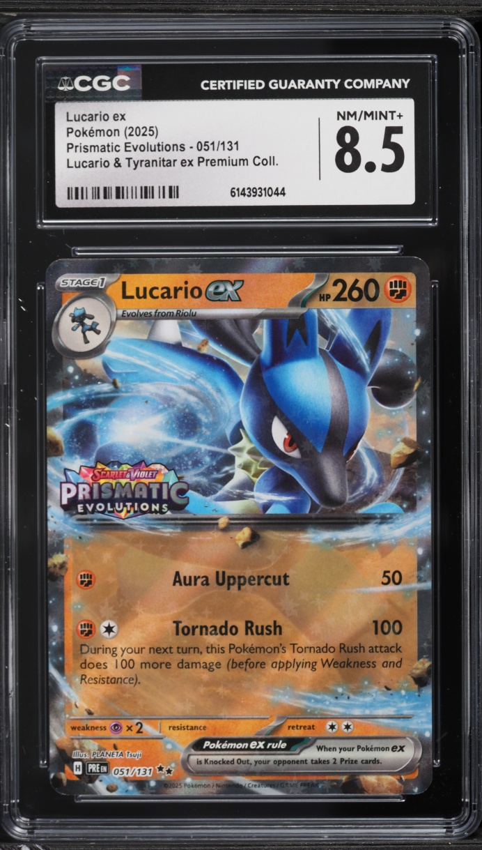 2025 Pokemon SV Prismatic Evolutions Premium Collection Holo Lucario ex #51 CGC 8.5 NM-MT+