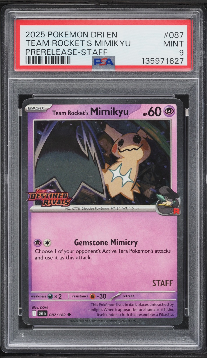 2025 Pokemon SV Destined Rivals Prerelease Staff Holo Team Rocket's Mimikyu #87 PSA 9 MINT