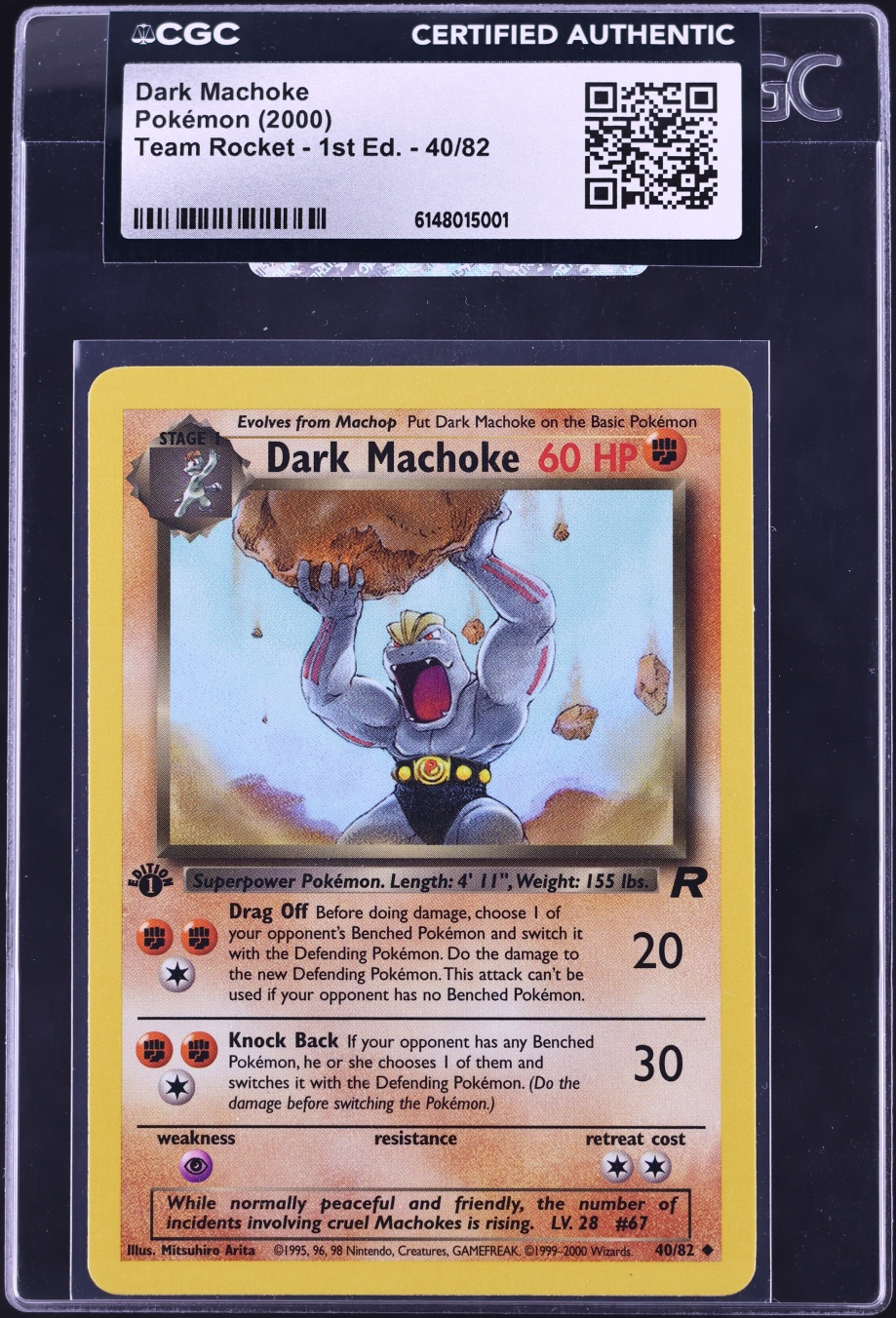 2000 Pokemon Team Rocket 1st Edition Dark Machoke #40 CGC AUTH