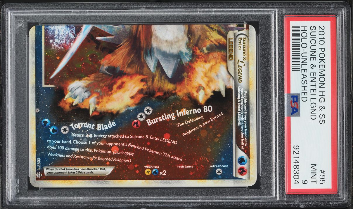 2010 Pokemon HeartGold & SoulSilver Unleashed Holo Suicune & Entei Legend #95 PSA 9 MINT