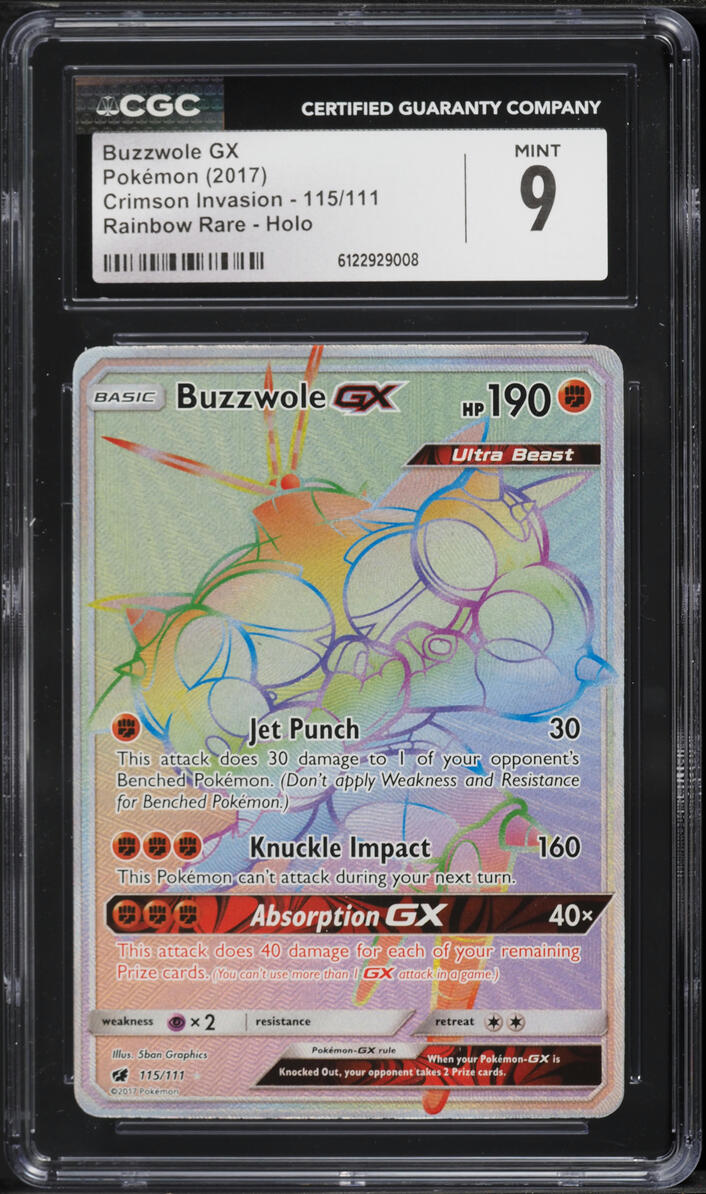 2017 Pokemon Sun & Moon Crimson Invasion Rainbow Rare Buzzwole GX #115 CGC 9 MINT
