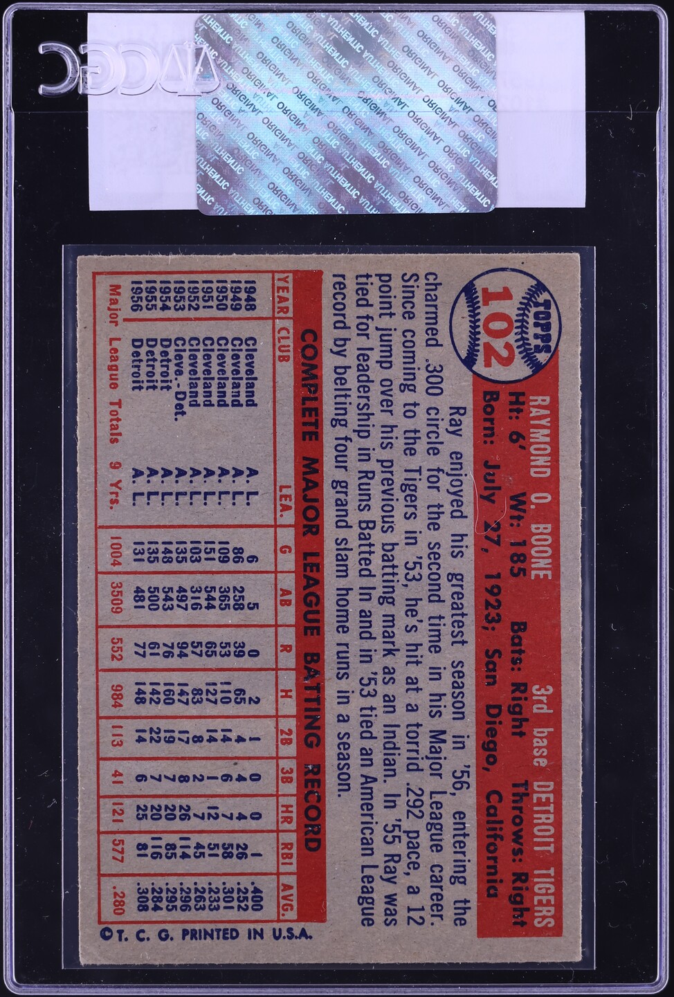 1957 Topps Ray Boone #102 CGC AUTH