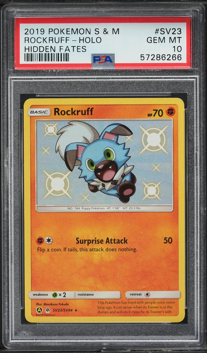 2019 Pokemon Sun & Moon Hidden Fates Shiny Rockruff #SV23 PSA 10 GEM MINT