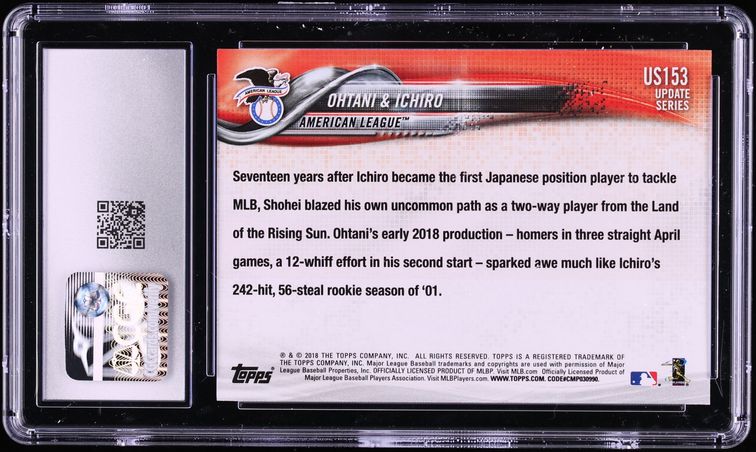 2018 Topps Update Japan's Finest Ichiro Suzuki w/ Shohei Ohtani ROOKIE #US153 CGC 10 GEM MINT