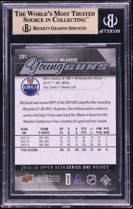 2015 Upper Deck Young Guns Connor McDavid ROOKIE #201 BGS 10 PRISTINE