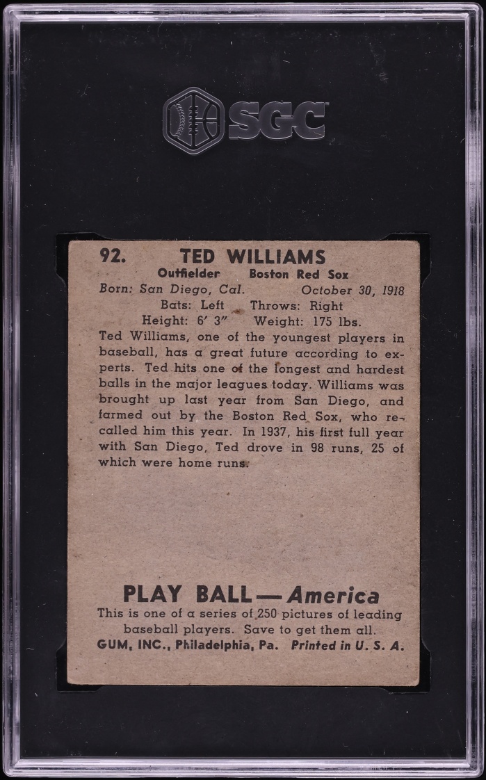 1939 Playball Ted Williams ROOKIE #92 SGC 2.5 GD+ - Photo 2