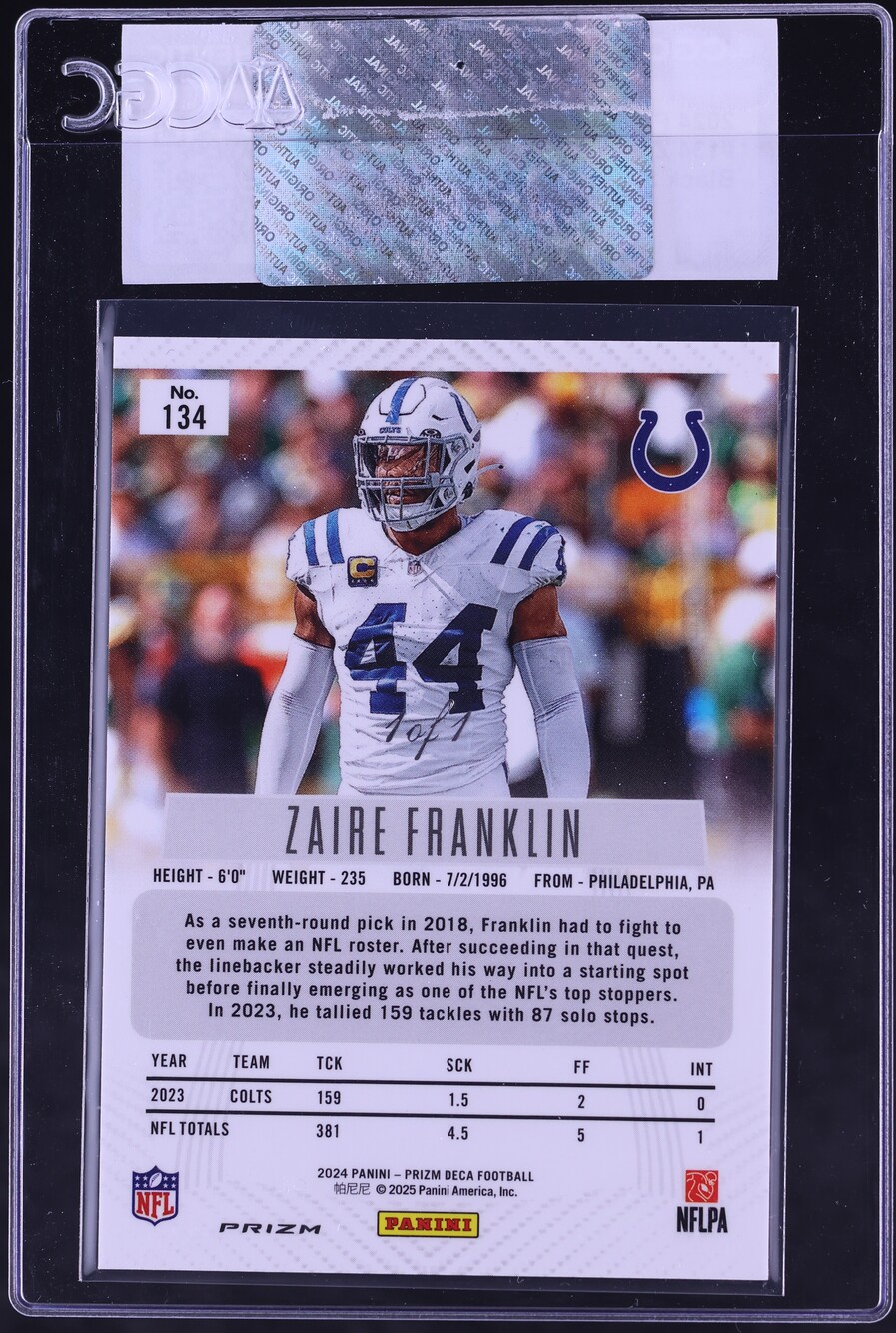 2024 Panini Prizm Deca Black Shimmer FOTL Zaire Franklin 1/1 #134 CGC AUTH - Photo 2
