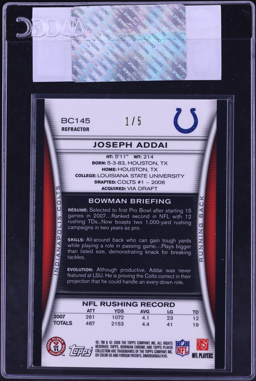 2008 Bowman Chrome Red Refractor Joseph Addai 1/5 #BC145 CGC AUTH - Photo 2