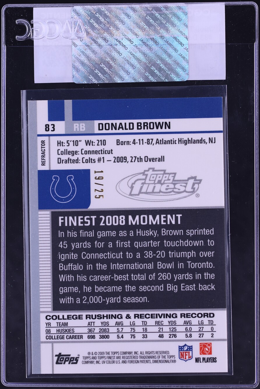 2009 Finest Pigskin Gold Refractor Donald Brown /25 #83 CGC AUTH - Photo 2