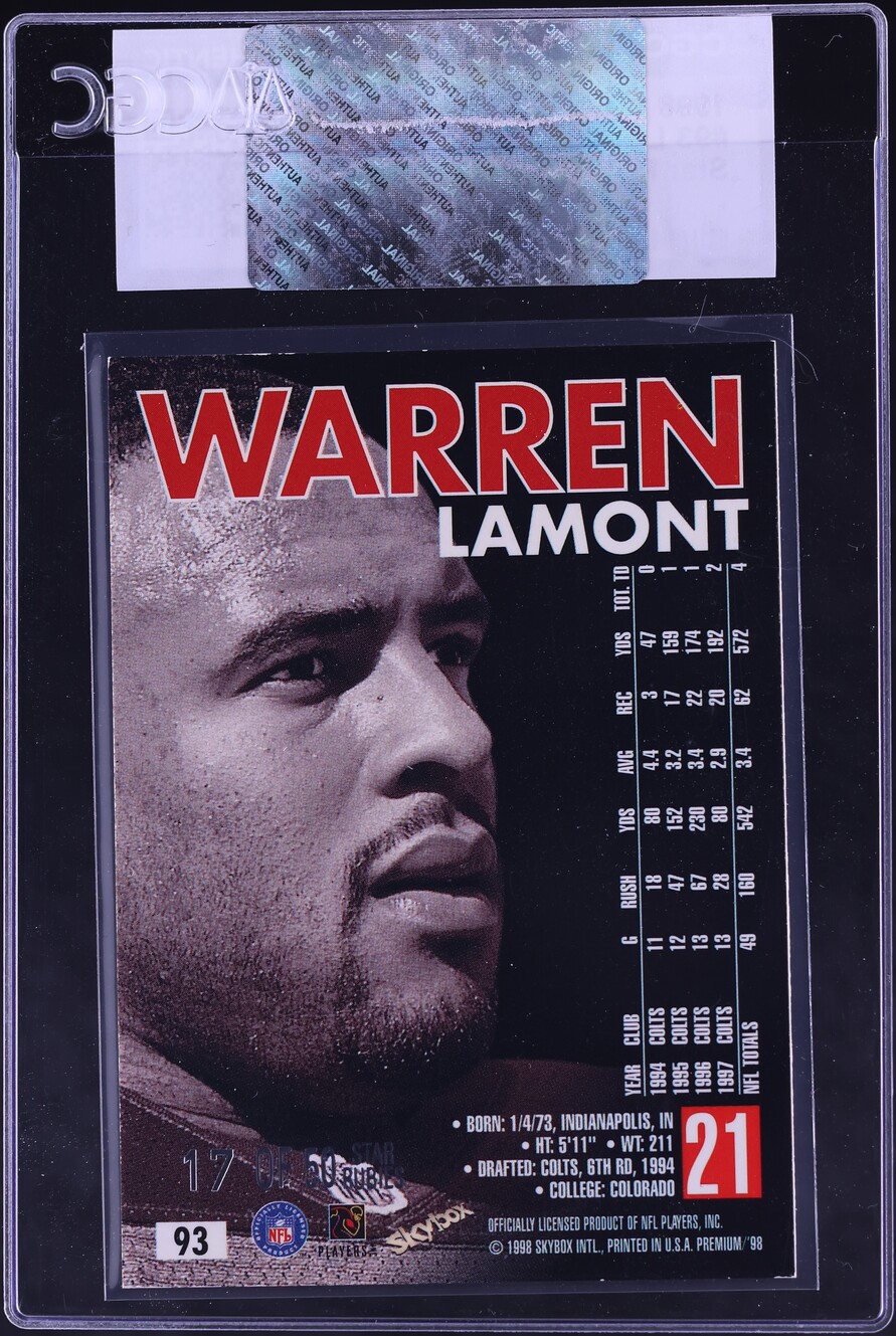 1998 SkyBox Premium Star Rubies Lamont Warren /50 #93 CGC AUTH - Photo 2