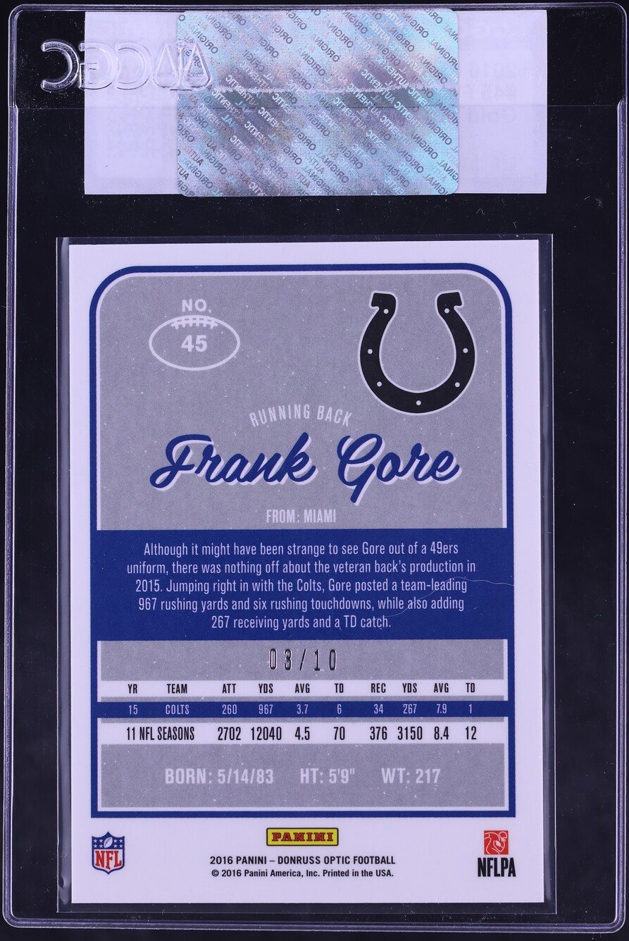 2016 Donruss Optic Gold Frank Gore /10 #45 CGC AUTH - Photo 2
