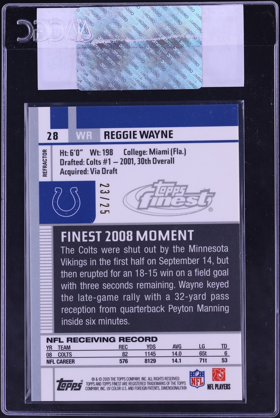 2009 Finest Pigskin Gold Refractor Reggie Wayne /25 #28 CGC AUTH - Photo 2