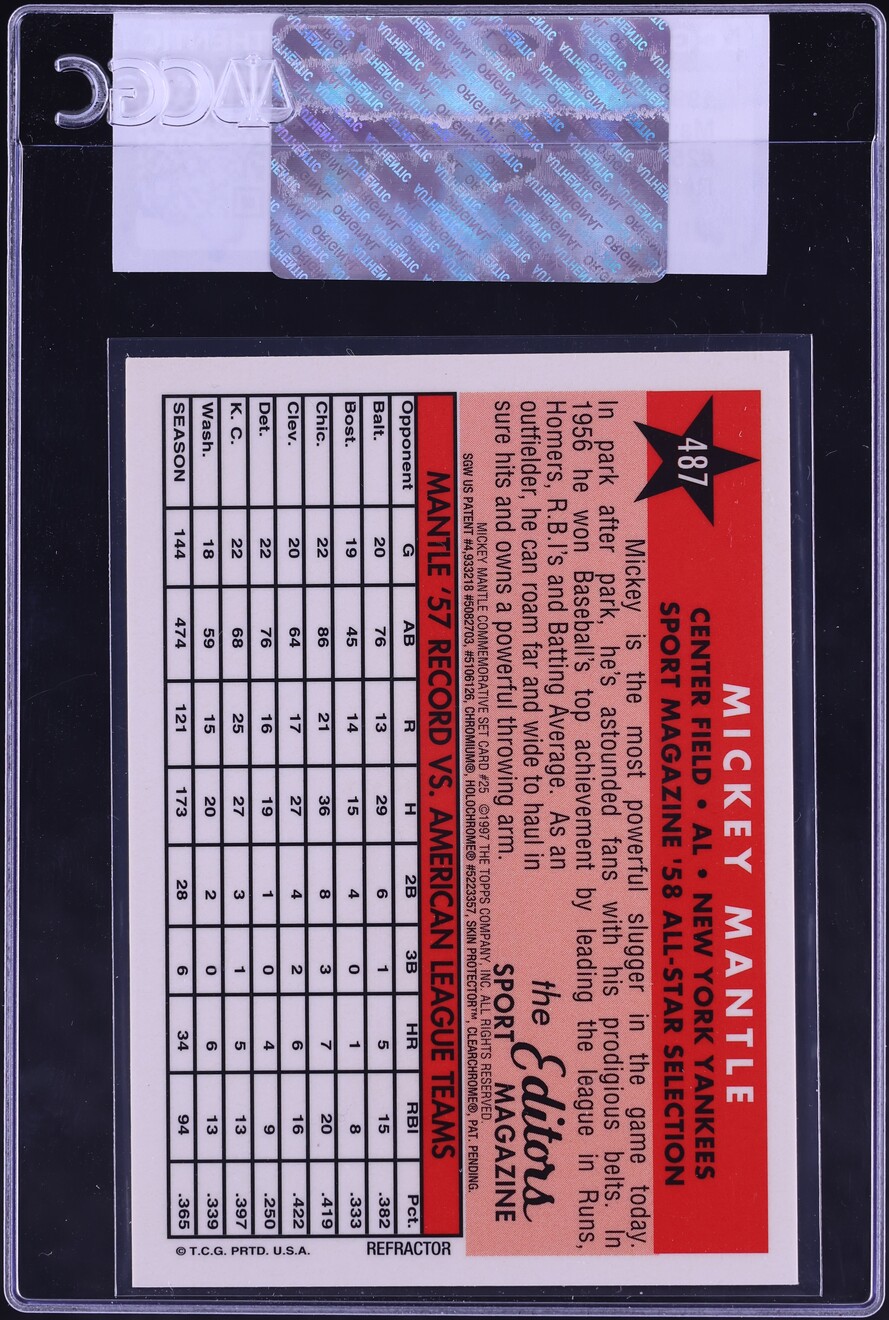 1997 Topps Mantle Finest Reprints Refractor w/Coating Mickey Mantle #25 CGC AUTH