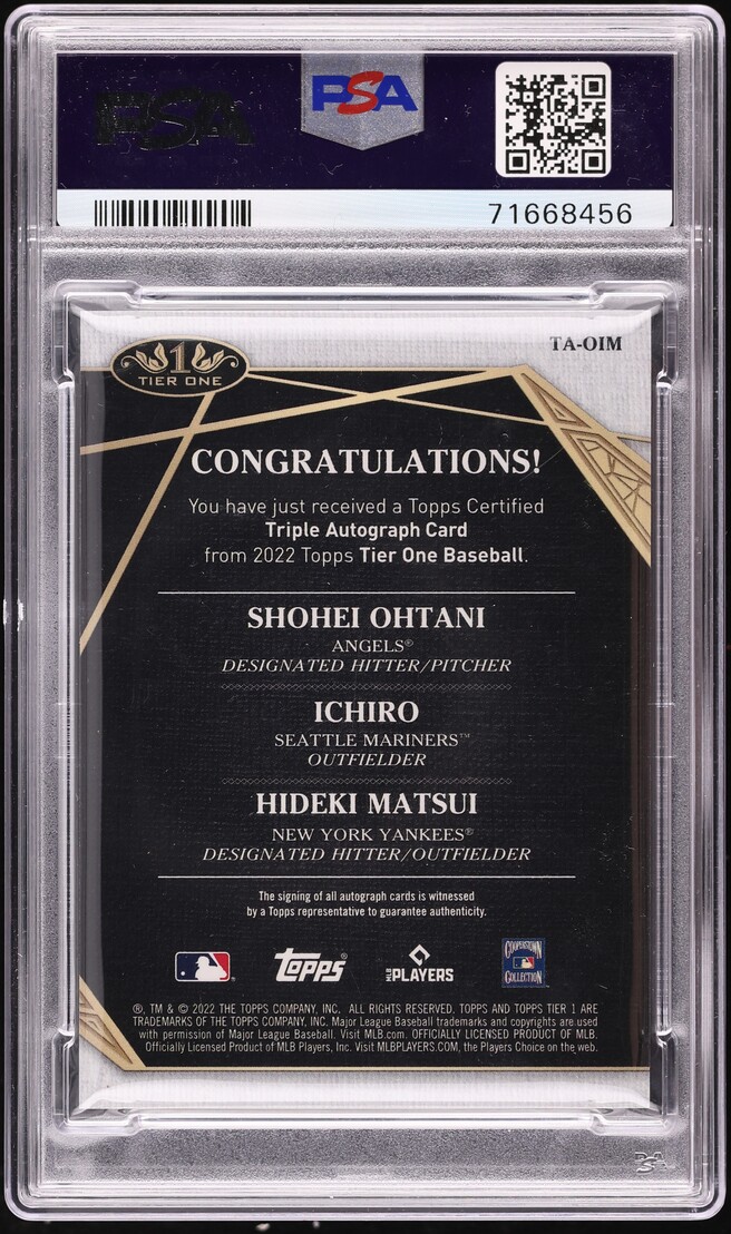 2022 Topps Tier One Triple Ichiro Hideki Matsui & Shohei Ohtani AUTO 10/10 #TAOIM PSA 10 GEM