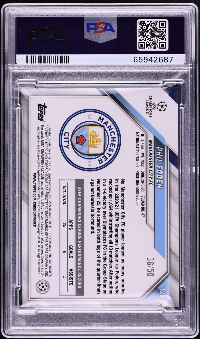 2021 Topps Chrome UEFA Champions League Gold Refractor Phil Foden /50 #129 PSA 9