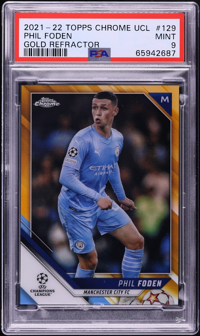 2021 Topps Chrome UEFA Champions League Gold Refractor Phil Foden /50 #129 PSA 9