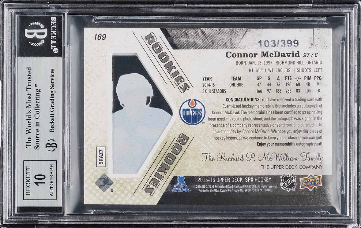 2015 SPx Hockey Connor McDavid ROOKIE PATCH AUTO /399 #169 BGS 8.5 NM-MT+