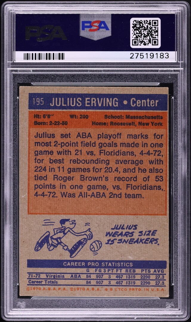 1972 Topps Basketball Julius Erving ROOKIE #195 PSA 5 EX