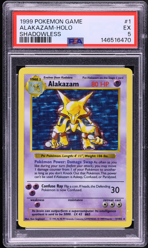 1999 Pokemon Base Set Shadowless Holo Alakazam #1 PSA 5 EX