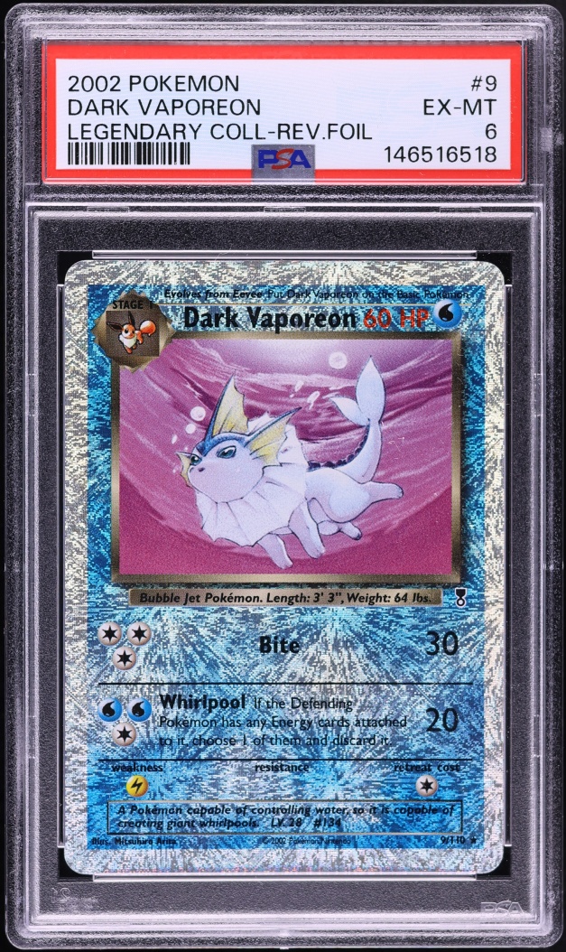 2002 Pokemon Legendary Collection Reverse Holo Dark Vaporeon #9 PSA 6 EXMT