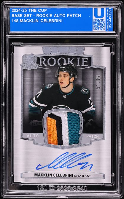 2024 Upper Deck The Cup Macklin Celebrini ROOKIE PATCH AUTO /99 #148, Factory Encased