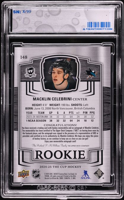 2024 Upper Deck The Cup Macklin Celebrini ROOKIE PATCH AUTO /99 #148, Factory Encased - Photo 2