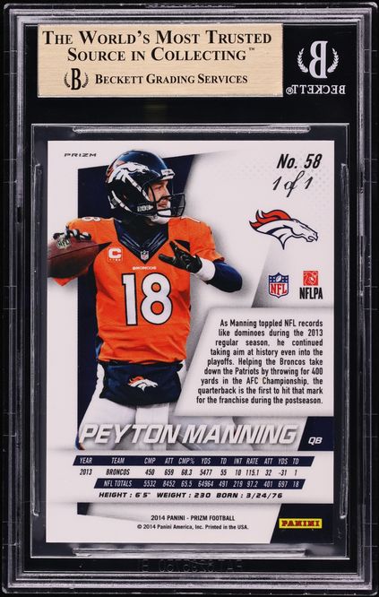 2014 Panini Prizm Black Finite Peyton Manning 1/1 #58 BGS 10 PRISTINE - Photo 2