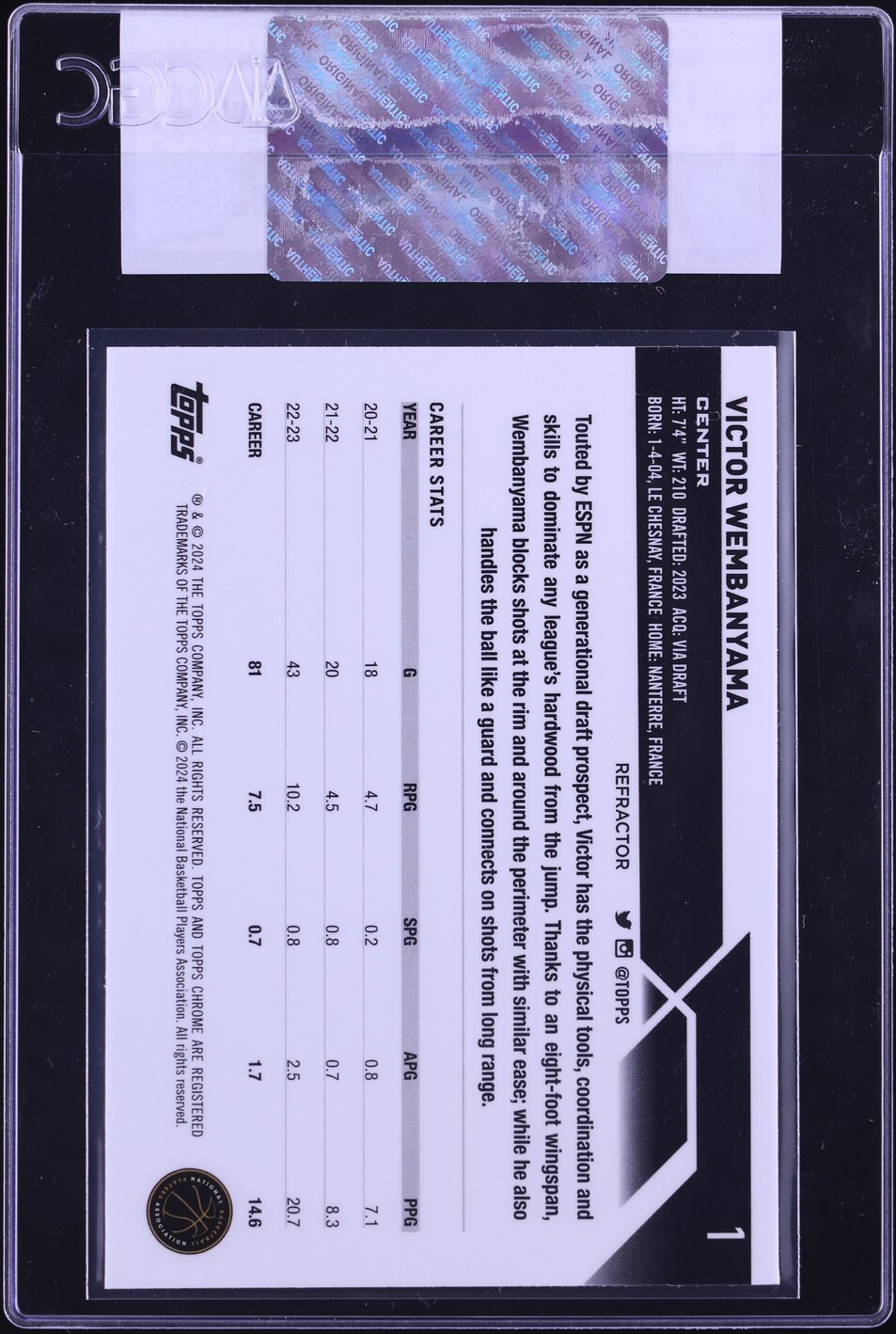 2023 Topps Chrome Refractor Victor Wembanyama ROOKIE #1 CGC AUTH