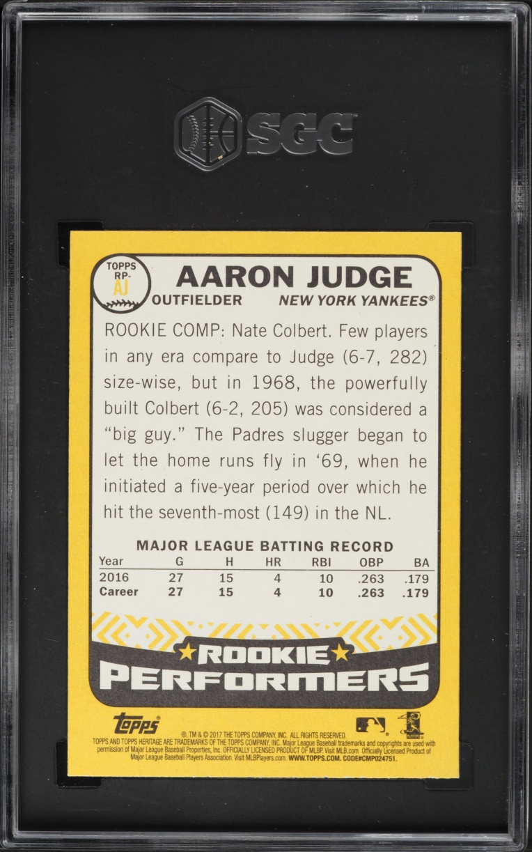2017 Topps Heritage Performers Aaron Judge ROOKIE #RP-AJ SGC 10 GEM MINT