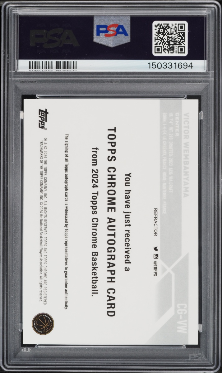 2023 Topps Chrome Refractor Victor Wembanyama ROOKIE AUTO #CG-VW PSA 9 MINT