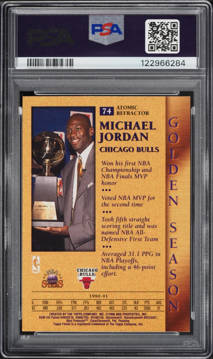 1996 Topps NBA Stars Finest Atomic Refractor Michael Jordan #74 PSA 7 NRMT