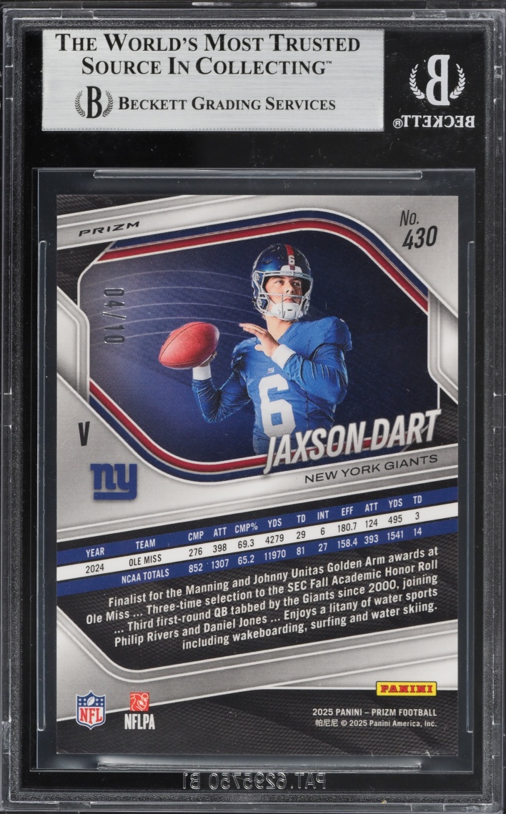 2025 Panini Prizm Gold Jaxson Dart ROOKIE /10 #430 BGS 8.5 NM-MT+