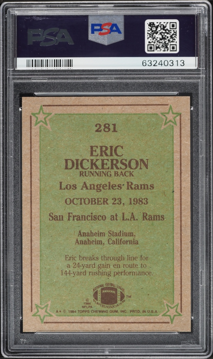 1984 Topps Football Eric Dickerson ROOKIE, INSTANT REPLAY #281 PSA 10 GEM MINT