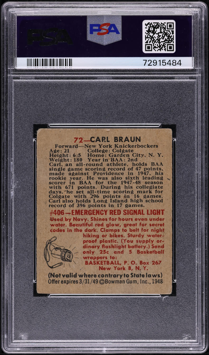 1948 Bowman Basketball Carl Braun #72 PSA 2 GD