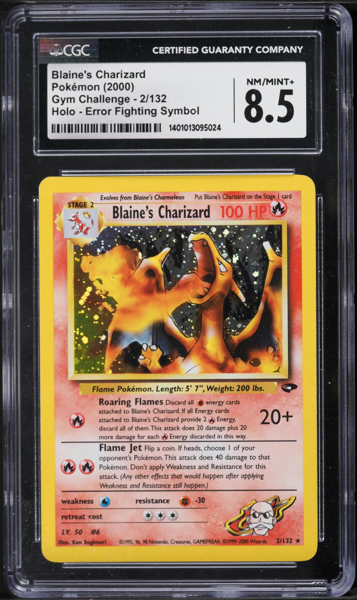 2000 Pokemon Gym Challenge Error Fighting Symbol Holo Blaine's Charizard #2 CGC 8.5 NM-MT+