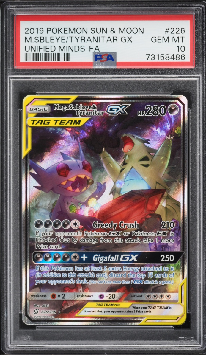 2019 Pokemon Sun & Moon Unified Minds Full Art Mega Sableye & Tyranitar GX #226 PSA 10 GEM MINT
