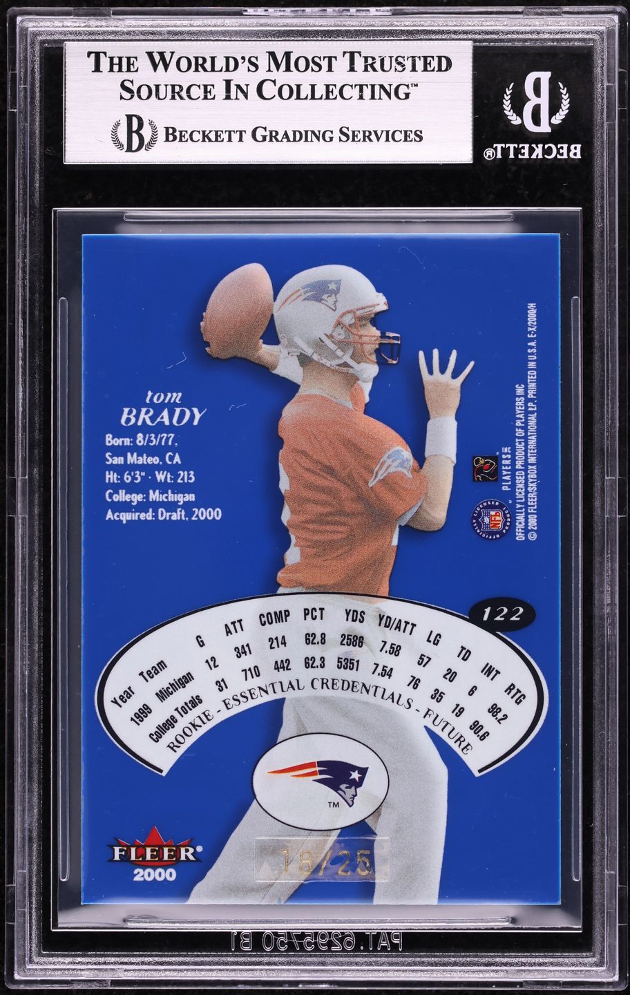 2000 Fleer E-X Essential Credentials Tom Brady ROOKIE /25 #122 BGS 9 MINT