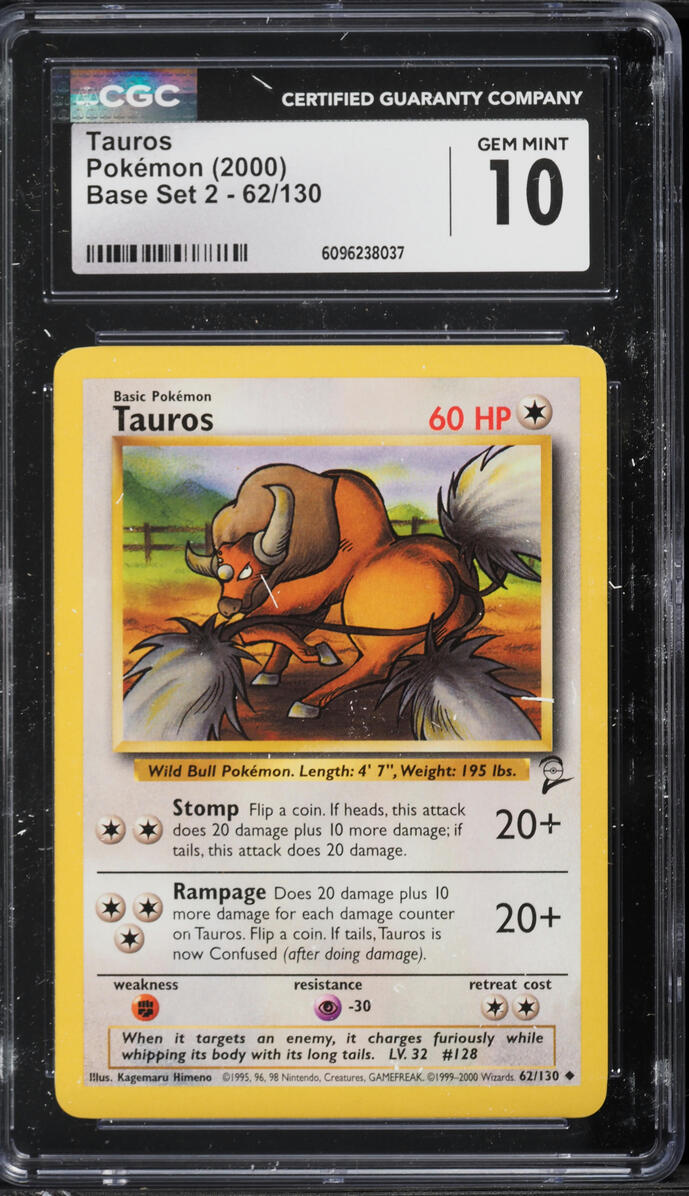 2000 Pokemon Base Set 2 Tauros #62 CGC 10 GEM MINT