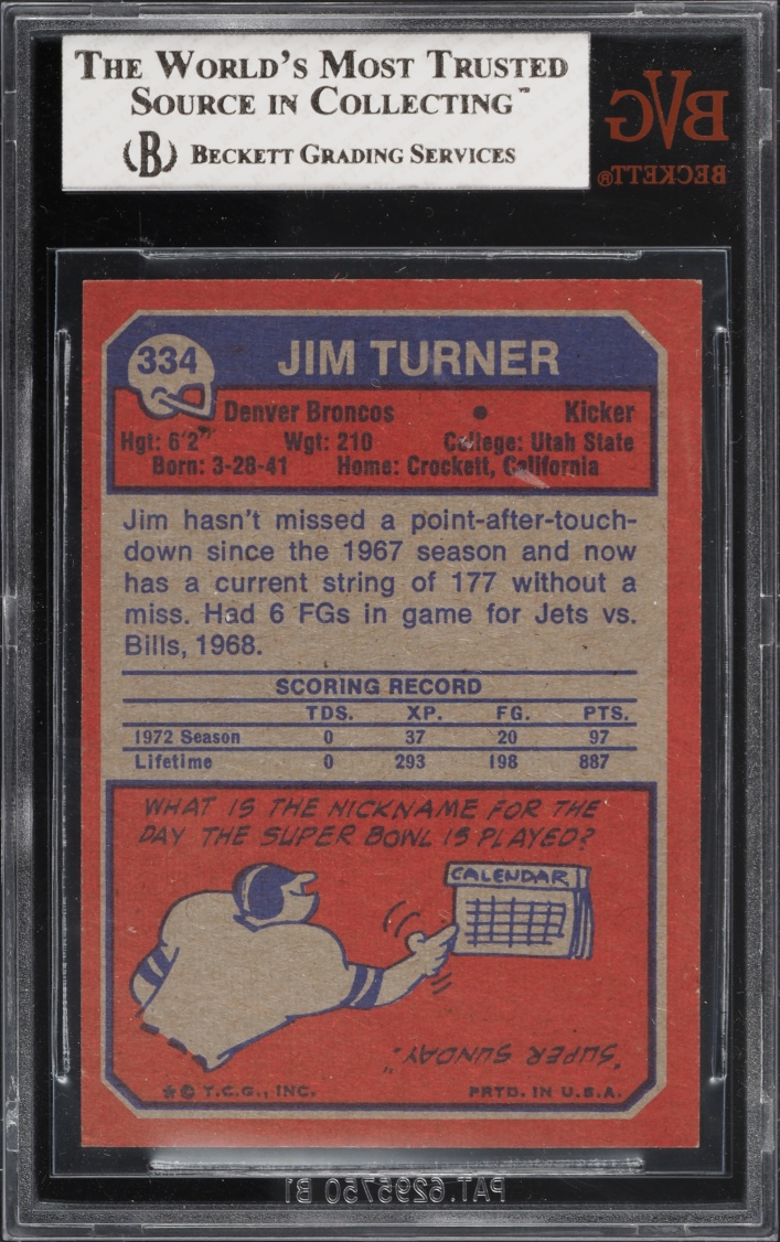 1973 Topps Football Jim Turner #334 BVG 8 NM-MT