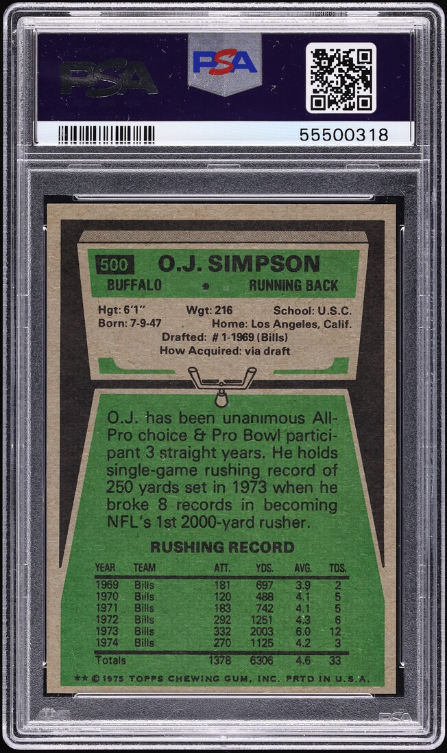 1975 Topps Football O.J. Simpson #500 PSA 10 GEM MINT