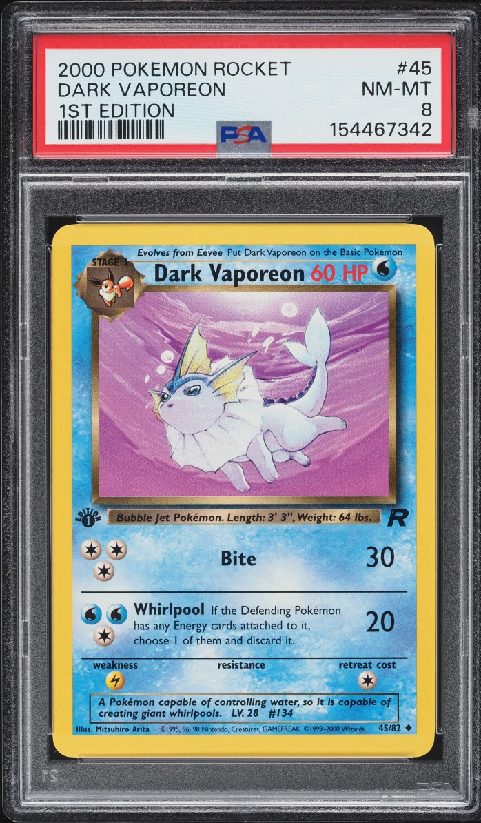2000 Pokemon Team Rocket 1st Edition Dark Vaporeon #45 PSA 8 NM-MT
