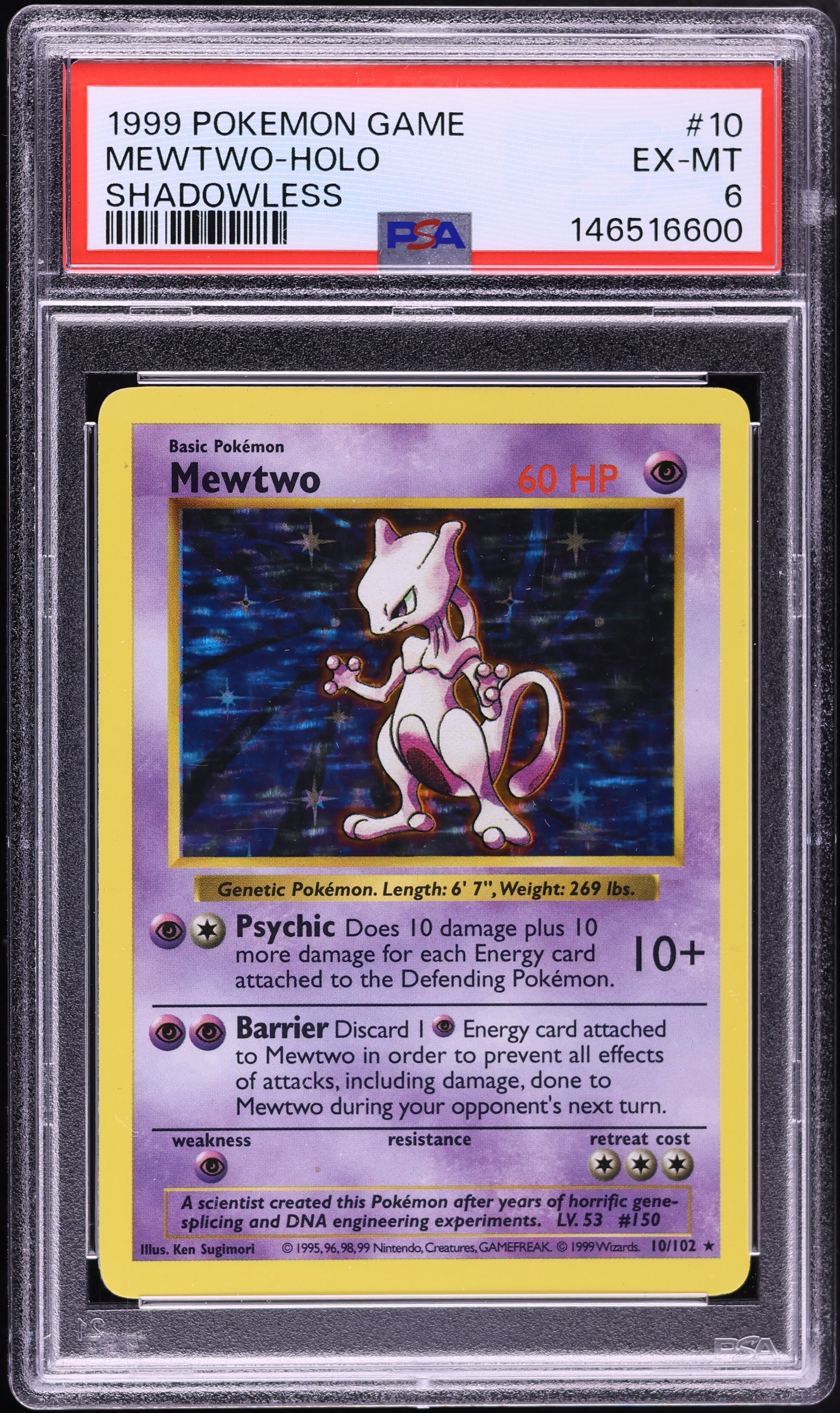 1999 Pokemon Base Set Shadowless Holo Mewtwo #10 PSA 6 EXMT