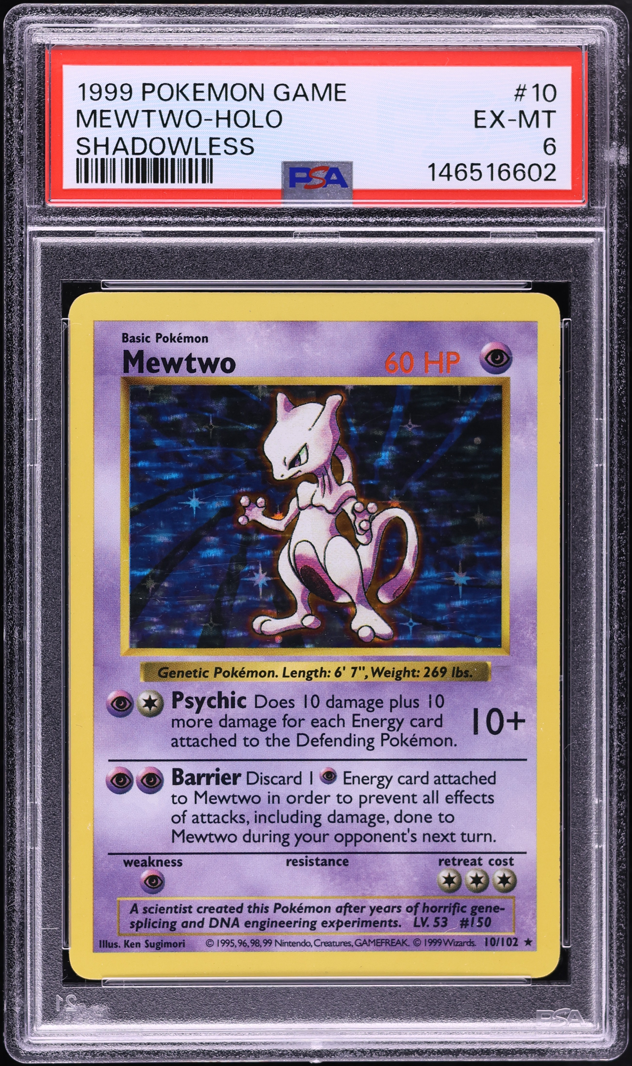 1999 Pokemon Base Set Shadowless Holo Mewtwo #10 PSA 6 EXMT