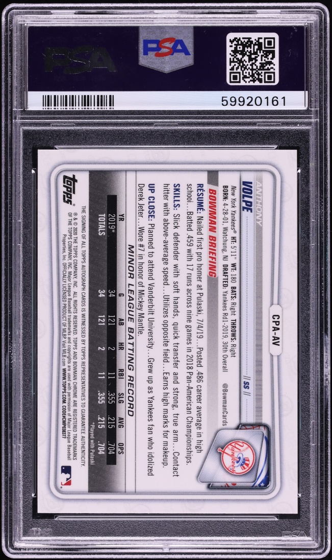 2020 Bowman Chrome Anthony Volpe PROSPECT AUTO #CPA-AV PSA 10 GEM MINT