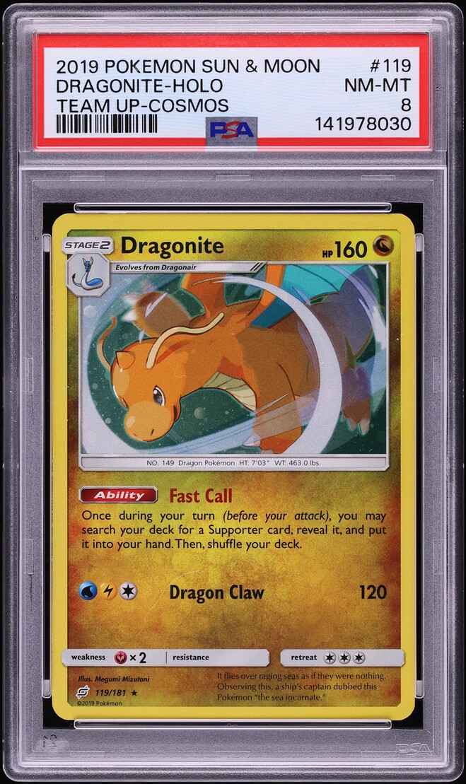 2019 Pokemon Sun & Moon Team Up Cosmos Holo Dragonite #119 PSA 8 NM-MT